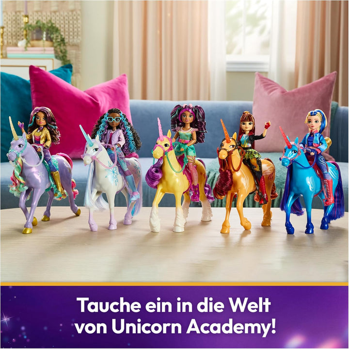 Unicorn Academy Set - Ava und Pflanzen-Magie Leaf mit echter Mähne und Schweif sowie magischer Leuch