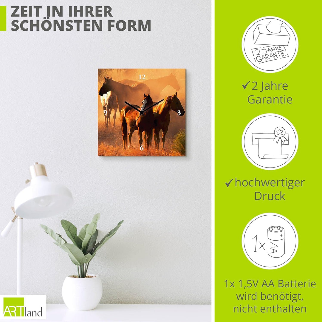 ARTLAND Wanduhr ohne Tickgeräusche Leinwand Quarzuhr 30x30 cm Quadratisch Lautlos Pferd Tiere Natur