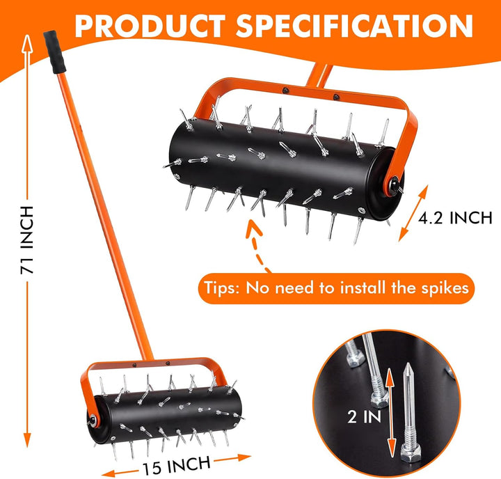 Rasenlüfter Walze, Rasenbelüfter Manuell, Handvertikutierer Rollend mit 42 Nägeln 5cm & Spritzschutz