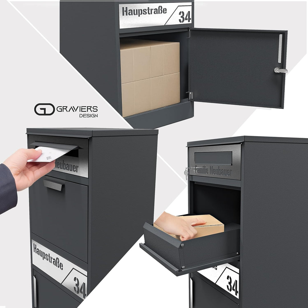 Graviers Design Paketbriefkasten mit Brieffach personalisiert freistehend - Edelstahl Namensschild H