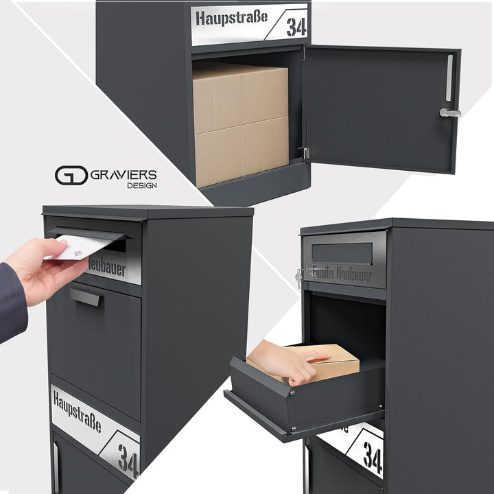 Graviers Design Paketbriefkasten mit Brieffach personalisiert freistehend - Edelstahl Namensschild H