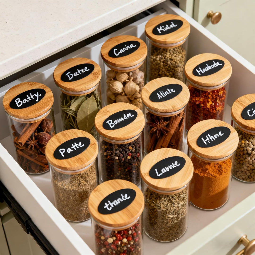 Gewürzgläser Gross, Gewürzgläser leer mit Etiketten 240 ml 12 Stück, Gewürzdosen rund mit Holzdeckel