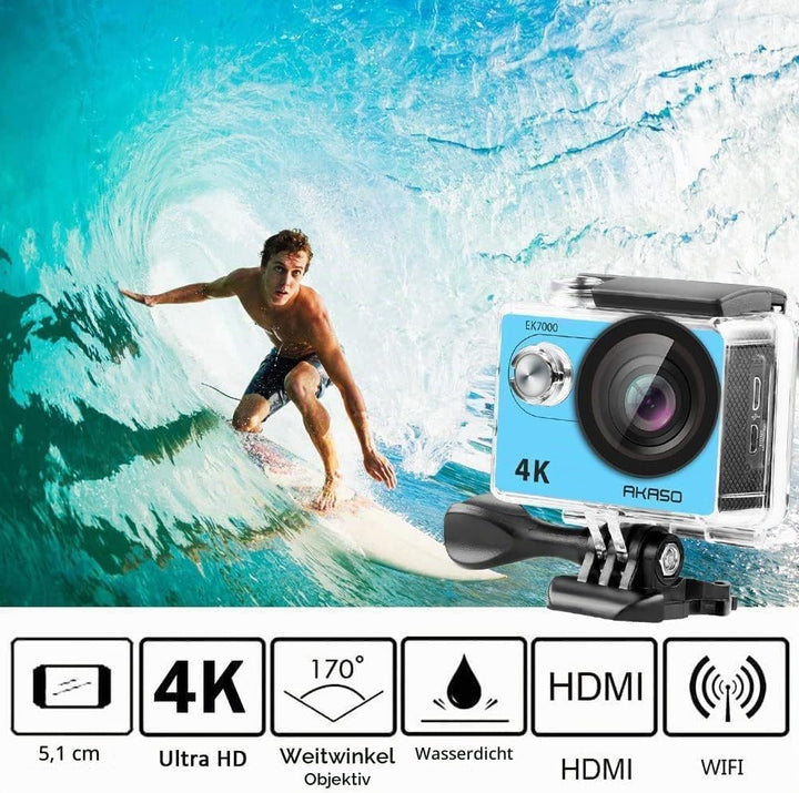 AKASO Action Cam EK7000 4K30FPS Action Kamera 170° Weitwinkel HD Unterwasserkamera 20MP WiFi wasserd