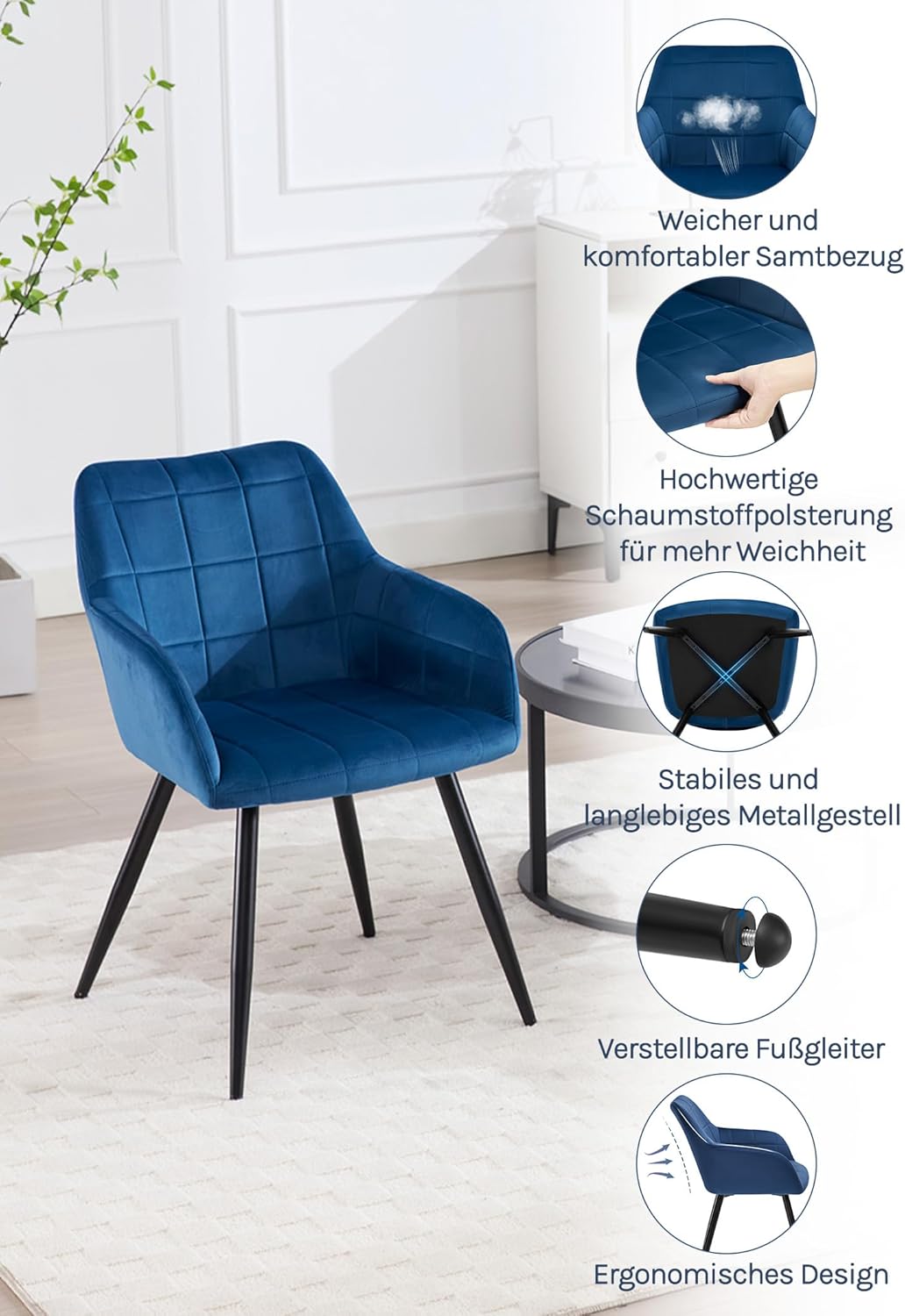 WOLTU Esszimmerstühle 1er Set Sessel Küchenstuhl Polsterstuhl Wohnzimmerstuhl mit Armlehnen, Sitzflä
