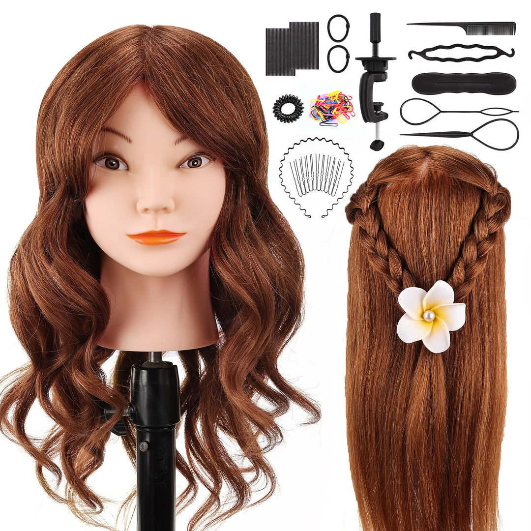 Yofuly 18 Inch Trainingsköpfe für Friseure Übungskopf, 100% Echthaar Kosmetik Schaufensterpuppenkopf