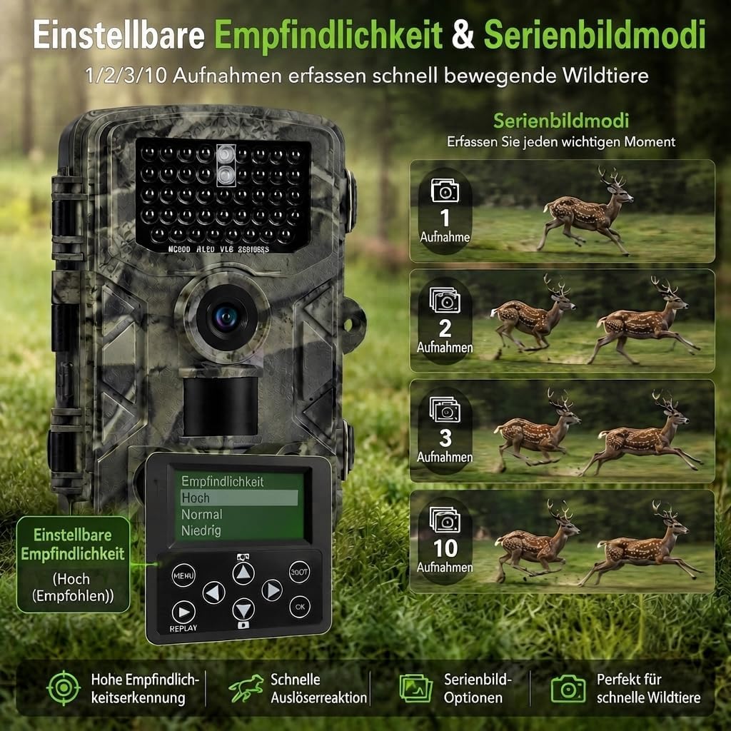 Wildkamera 4K 50MP, Wildtierkamera mit Nachtsicht Bewegungsmelder Weitwinkel 120°, 850nm IR LEDs Nac
