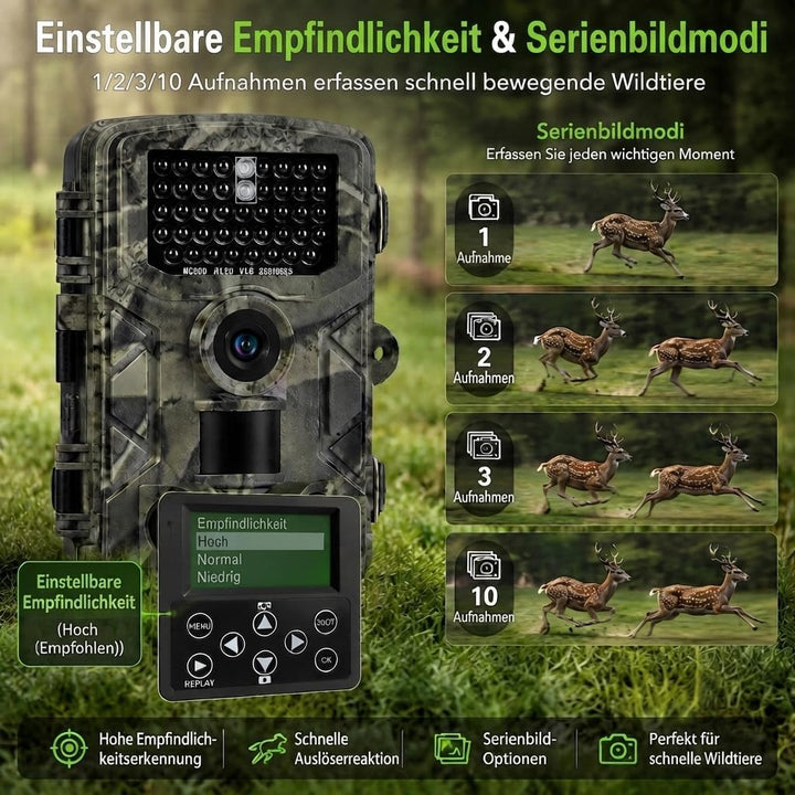 Wildkamera 4K 50MP, Wildtierkamera mit Nachtsicht Bewegungsmelder Weitwinkel 120°, 850nm IR LEDs Nac
