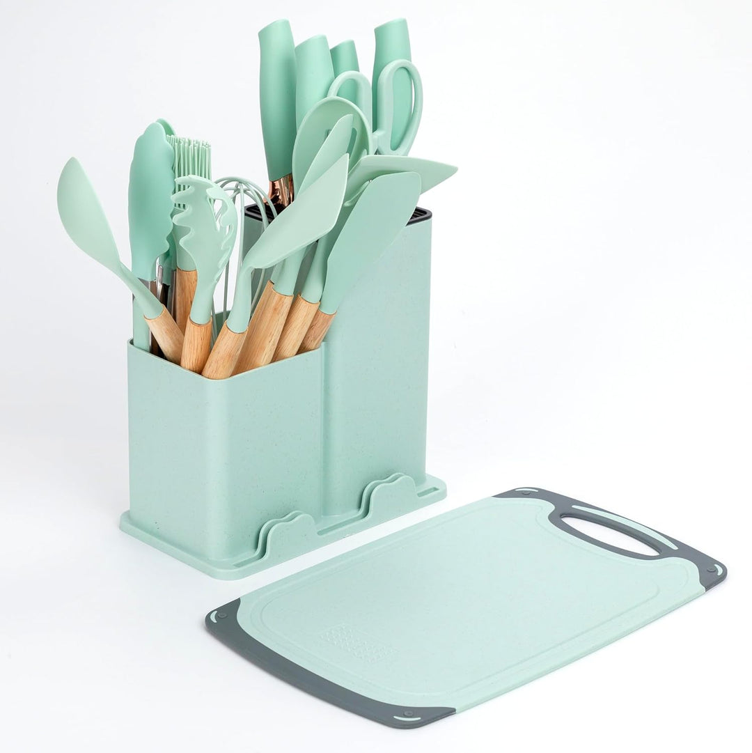 EliteHoff Küchenmesser-Set 19-teilig – Silikon-Küchenutensilien-Set mit Holzgriffen, 5 Messer, 12 Ko
