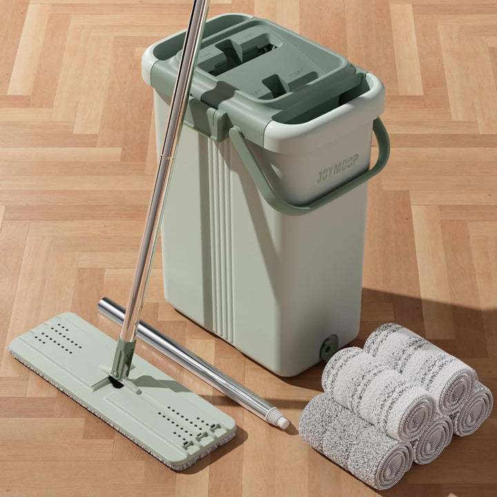 JOYMOOP Wischmopp und Eimer mit Auswringer-Set, Flacher Quetschmopp mit Eimer (X-Large), Staubwische