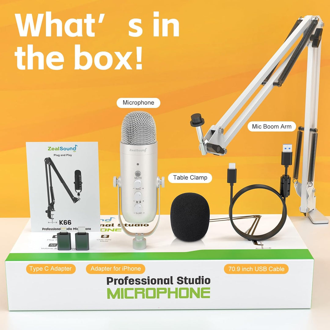 zealsound USB-Mikrofon-Set, k66 Perlweiss Gamging Mikrofon für PC/Mac/Handy/iPhone/PS5, mit Geräusch