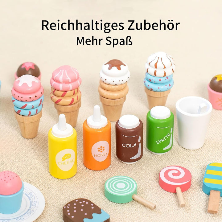 Eisdiele Kinder Holz Eisladen Spielzeug ab 3 Jahre Eiswagen kaufmannsladen mit 8 Eiscreme, 4 EIS am