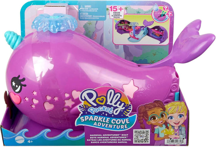 POLLY POCKET Sparkle Cove Adventure Narwalabenteurer Boot - 2 Puppen, 3 auflösbare Perlen, 13 Zubehö