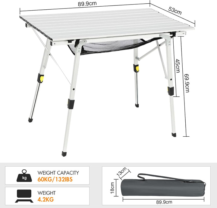 Portal Campingtisch faltbar Höhenverstellbar Klapptisch 60kg belastbar Aluminium 90 x 53cm für 4 Per