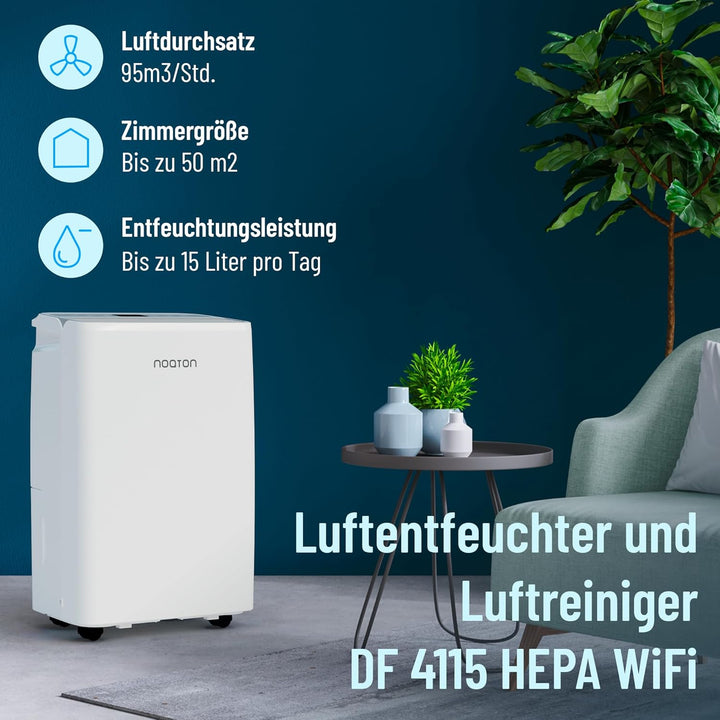 Noaton DF 4115 WiFi HEPA Luftentfeuchter mit WLAN App, 15L/24H, HEPA-Luftreiniger, Timer, mit Ablauf