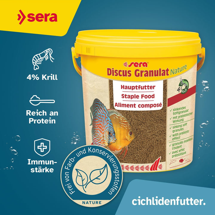 sera Discus Granulat Nature 10 L (4,2 kg) - Hauptfutter für alle Diskusfische, Futter für Diskus