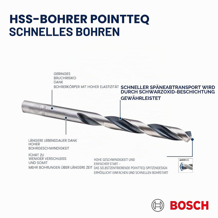Bosch Professional 10 Stück HSS Spiralbohrer PointTeQ (für Metall, 8,3 x 75 x 117 mm, Zubehör Bohrsc