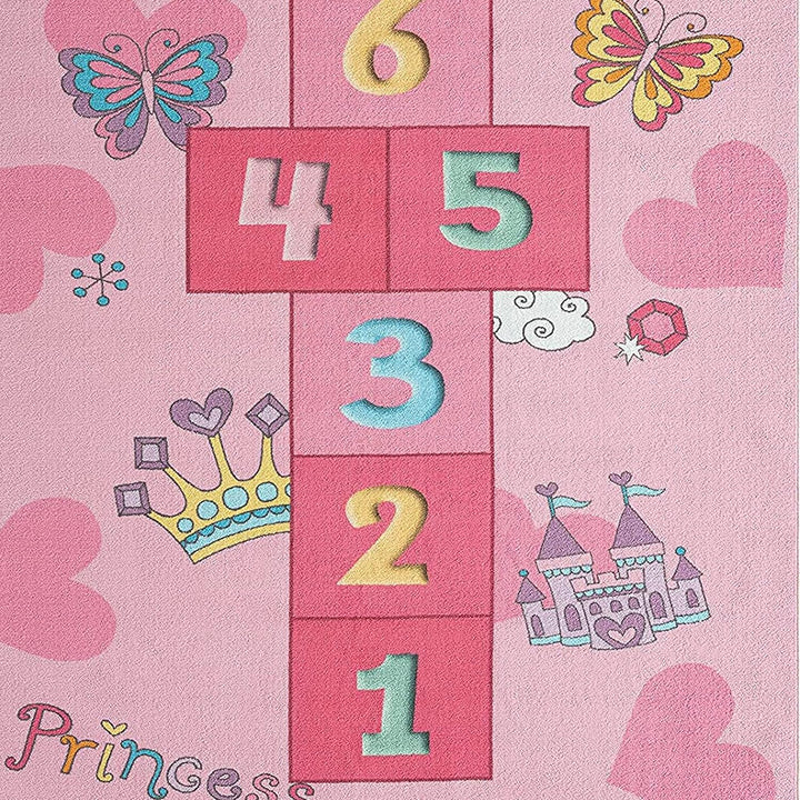 CARPETIA Hüpfkästchen Kinder-Spielteppich mit Herzen Krone &amp; Prinzessinnen Burg in rosa, 120 x 160 c