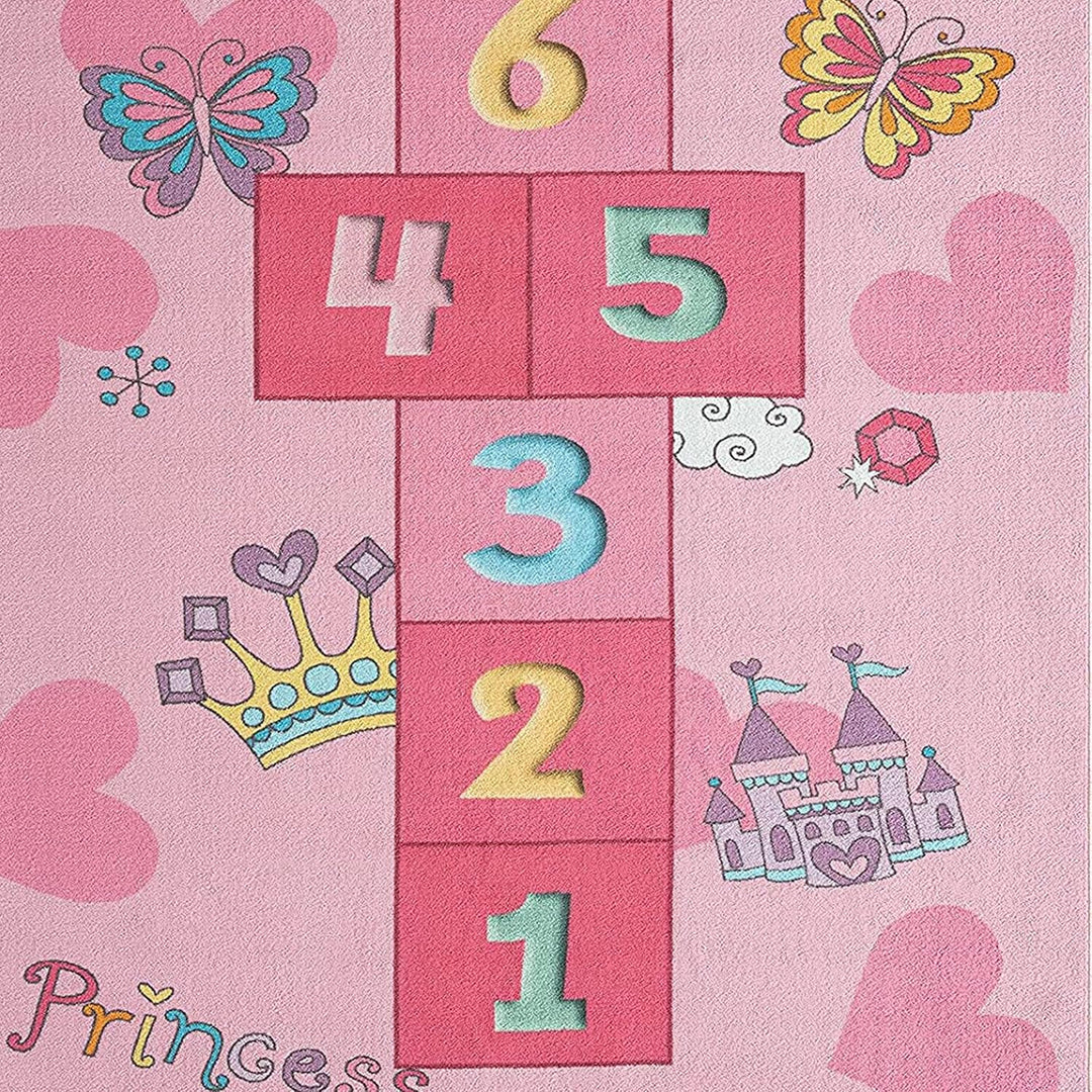 CARPETIA Hüpfkästchen Kinder-Spielteppich mit Herzen Krone &amp; Prinzessinnen Burg in rosa, 120 x 160 c