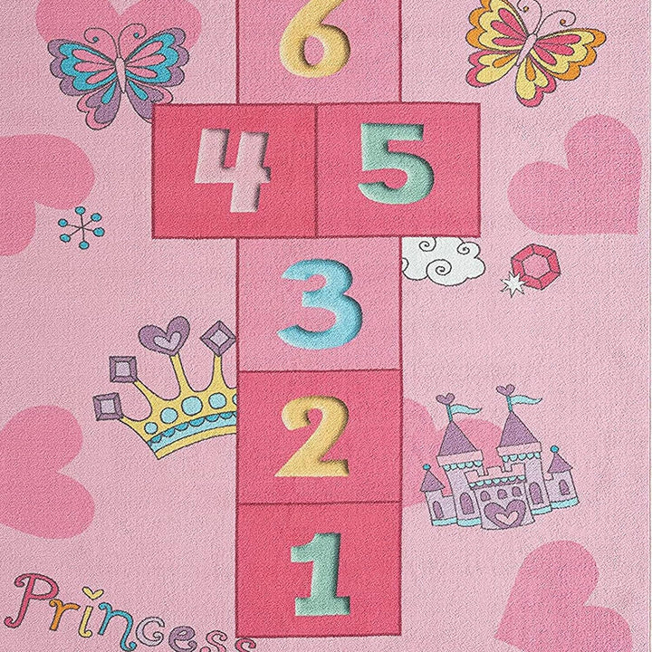 CARPETIA Hüpfkästchen Kinder-Spielteppich mit Herzen Krone &amp; Prinzessinnen Burg in rosa, 120 x 160 c