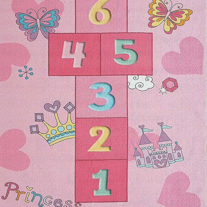 CARPETIA Hüpfkästchen Kinder-Spielteppich mit Herzen Krone & Prinzessinnen Burg in rosa, 120 x 160 c