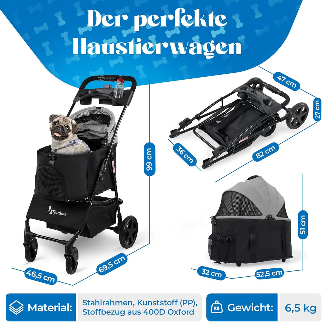 Tierbox Hundebuggy Hundewagen klappbar mit QuikFold, einfacher Transport, Traglast bis 15 kg - Grau,