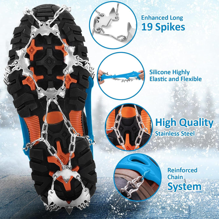 WIN.MAX Steigeisen Grödel Eisspikes, Schuhkrallen mit19 Edelstahl Zähne Spikes Schuhkrallen Grödeln