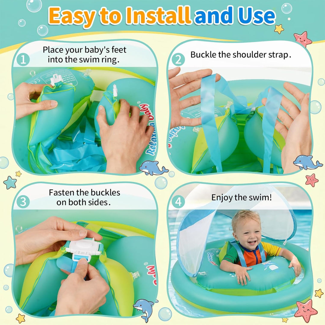 Baby Schwimmring mit Sonnendach Ninonly Sicherer Doppelter Schwimmring Baby mit Sonnendach UPF 50+ D
