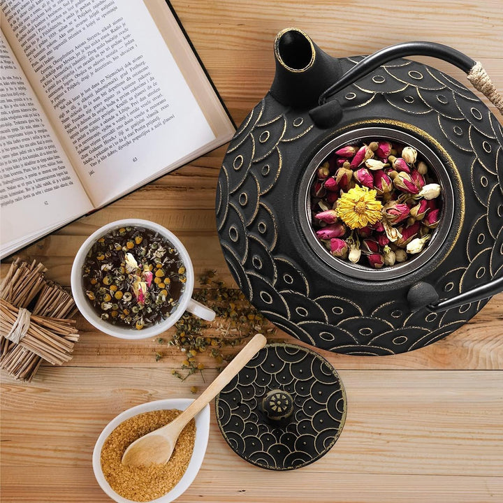 Gusseisen Teekanne mit Infuser, 800ml Teekessel für losen Tee, Asiatisches Teekannen für Herdplatten