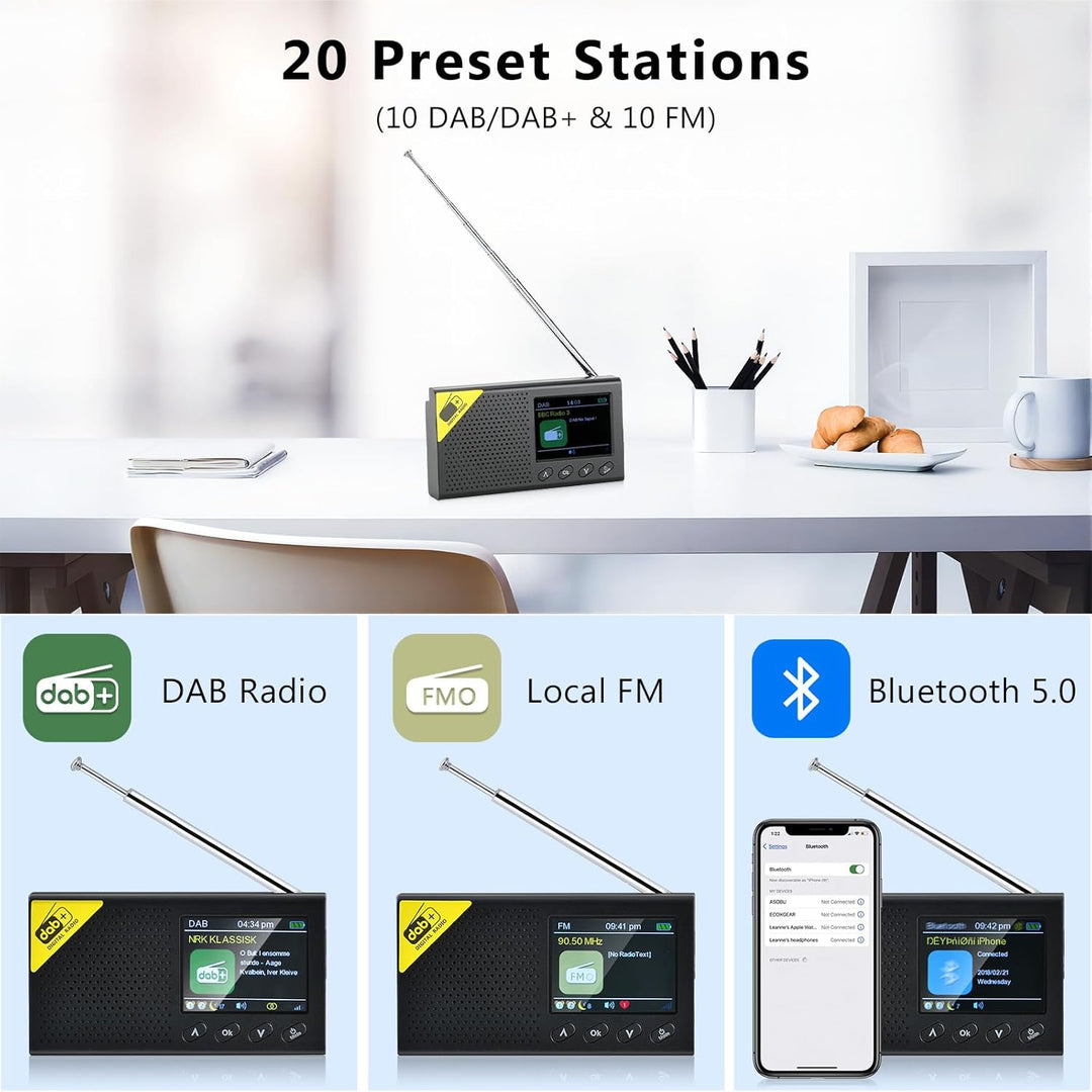 Hikity Dab/Dab+/FM/AUX-Radio, tragbar, wiederaufladbar, Bluetooth-Radio, Dab Plus, Radiowecker, Dopp