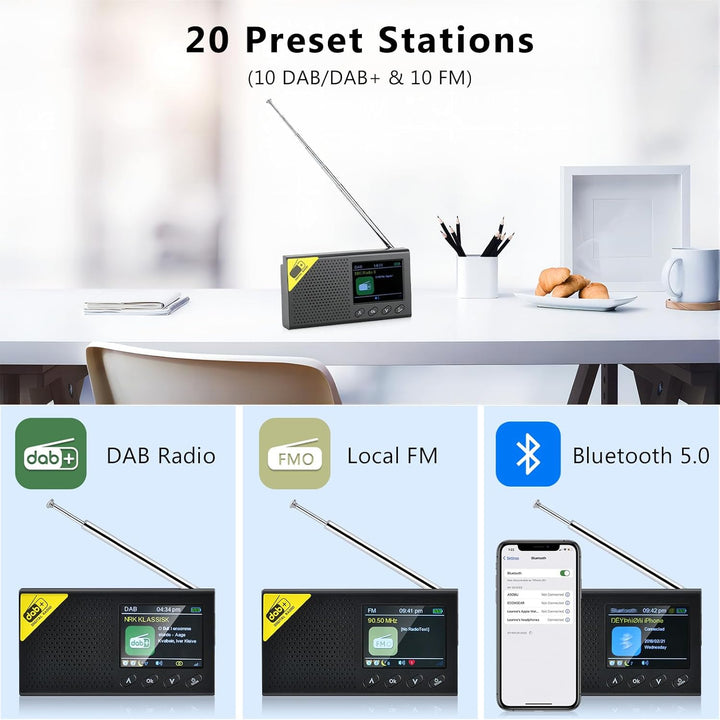 Hikity Dab/Dab+/FM/AUX-Radio, tragbar, wiederaufladbar, Bluetooth-Radio, Dab Plus, Radiowecker, Dopp