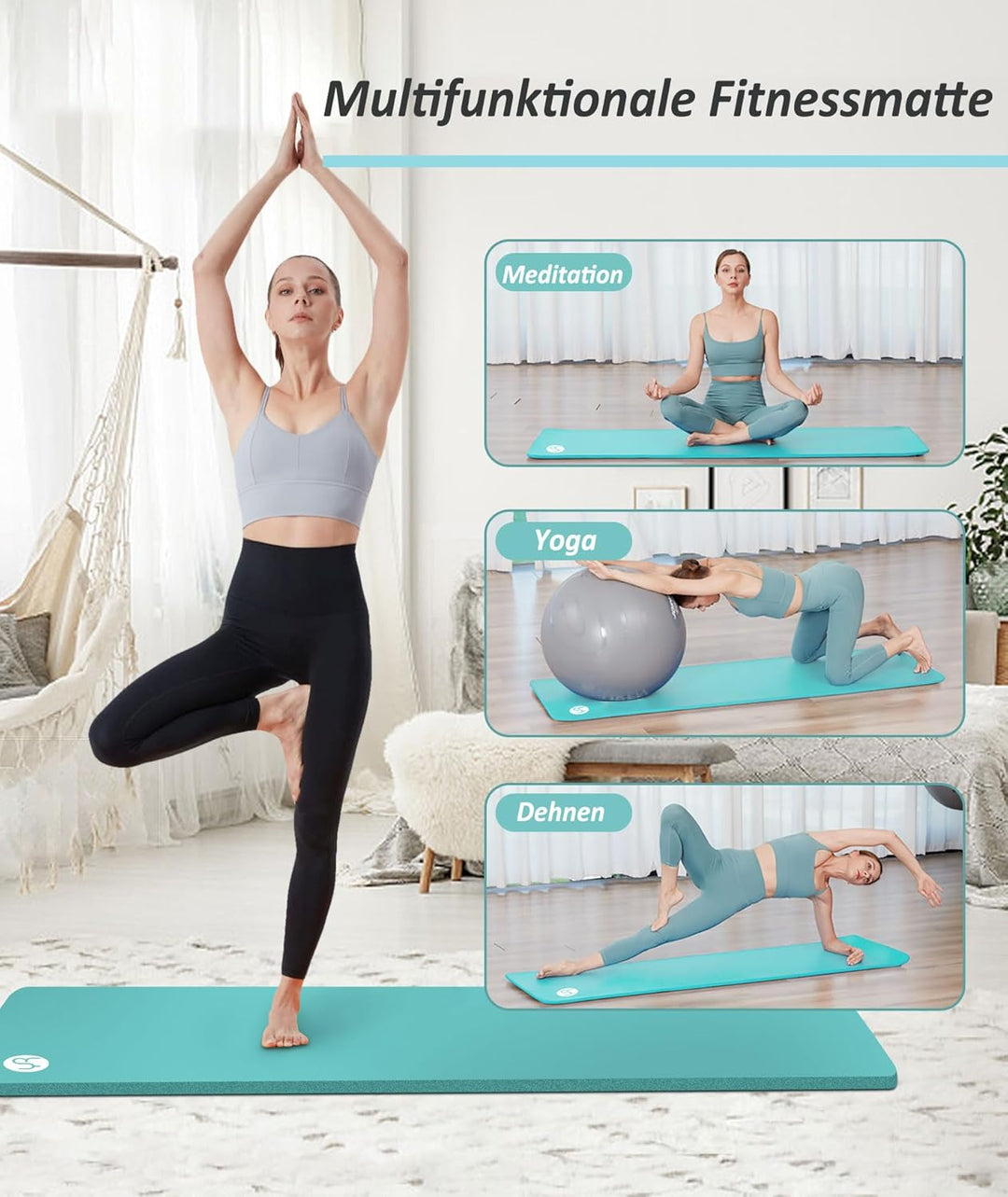 Yogamatte 2cm Extra Dick Fitness Matte 195×61cm NBR Gymnastikmatte Übungsmatte für Pilates Gym Worko