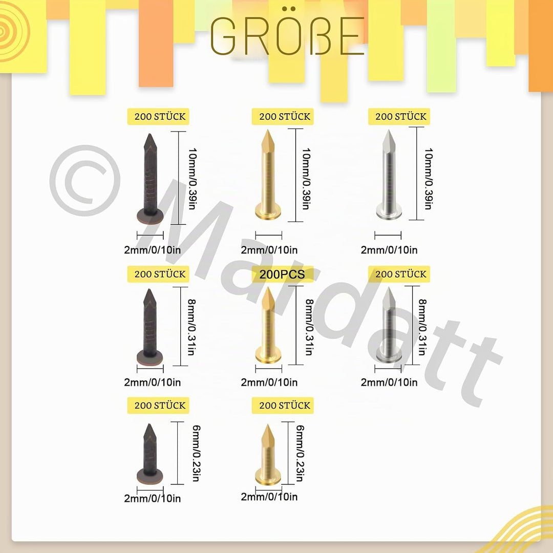 Wooden Screws, 1600 Stück 1x6 mm, 1x8 mm, 1x10 mm Sortiment kleiner Nägel, kleine Holznägel, Kleinte