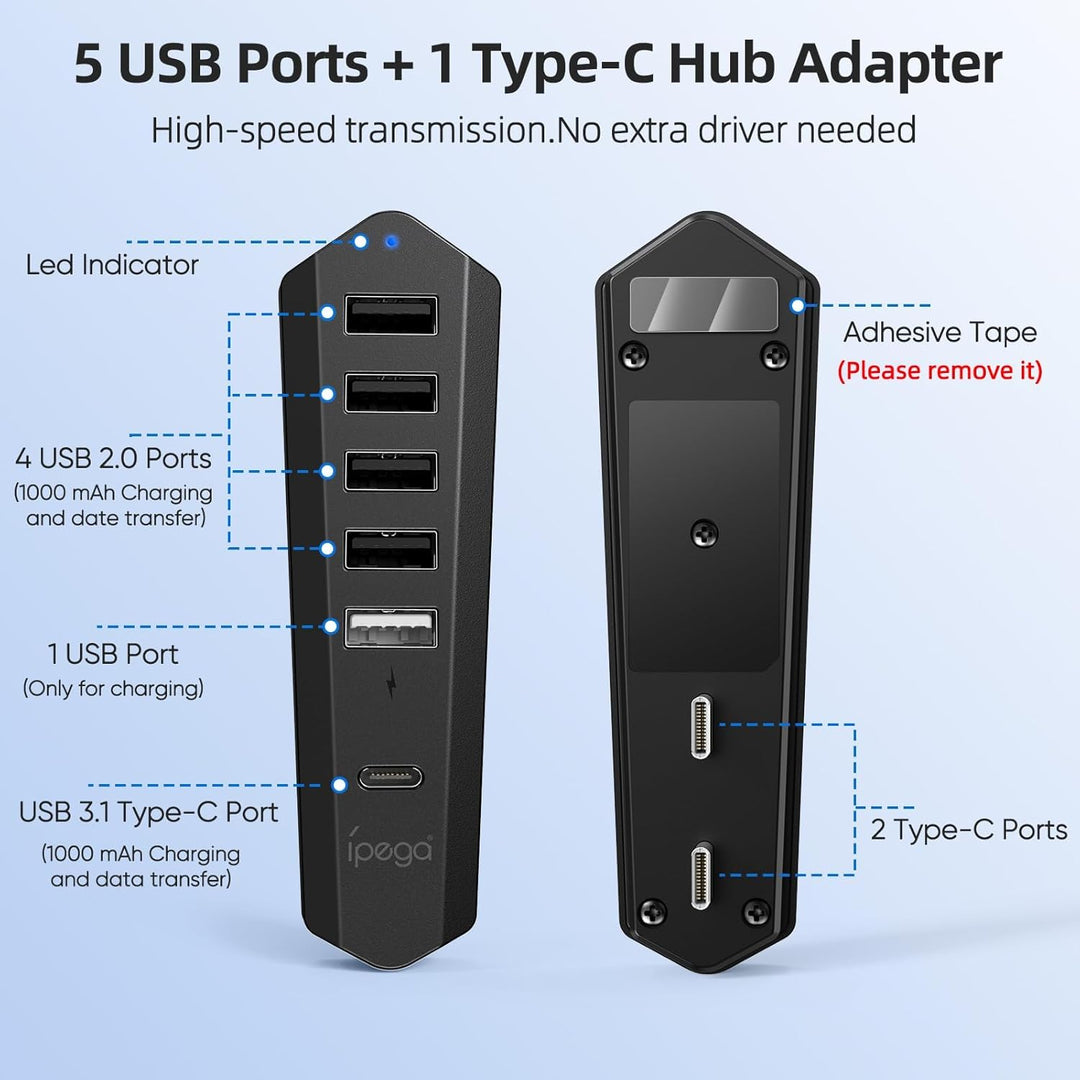 Auarte USB Hub für PlayStation 5 Pro/Slim Console, 1 Typ C 3.1 Anschluss, 4 USB 2.0 Anschlüsse, 1 US