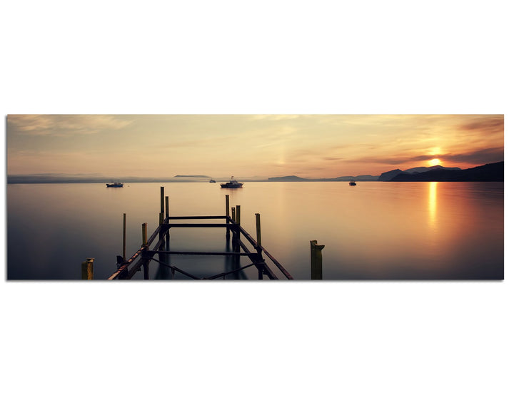 Paul Sinus Art Panoramabild auf Leinwand und Keilrahmen 150x50cm Meer Steg Holz Wolkenhimmel Sonne