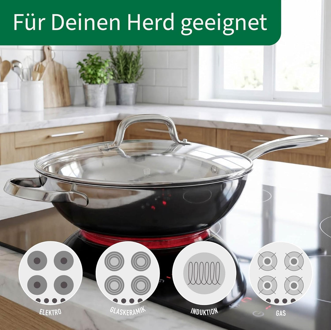 FACKELMANN Chefkoch trifft Wok Rosenheim – Ø28 cm, Glasdeckel inkl. Dampföffnung und Aluminiumkern,