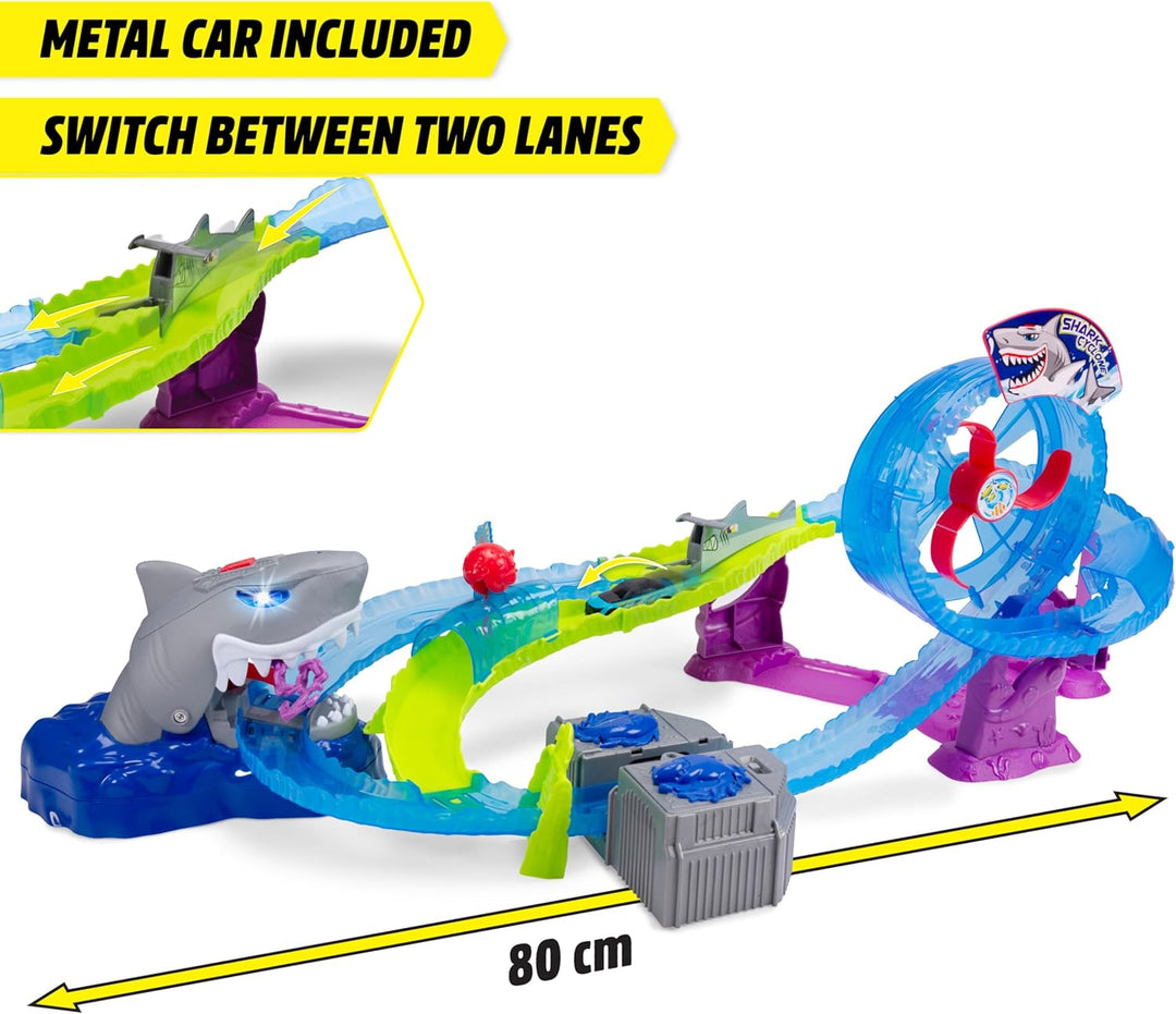Dickie Toys - Auto-Rennbahn White Shark (50x55x32 cm) inkl. Spielzeugauto aus Metall - motorisierte