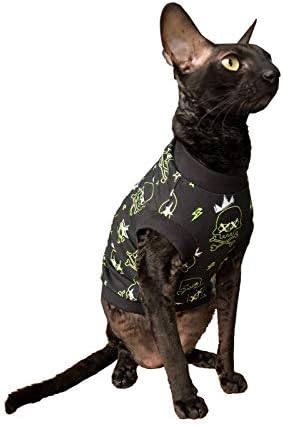 Kotomoda haarlose Katze Baumwolle Stretch T-Shirt Sculls Glow in The Dark fьr Sphynx Katzen (M) mitt