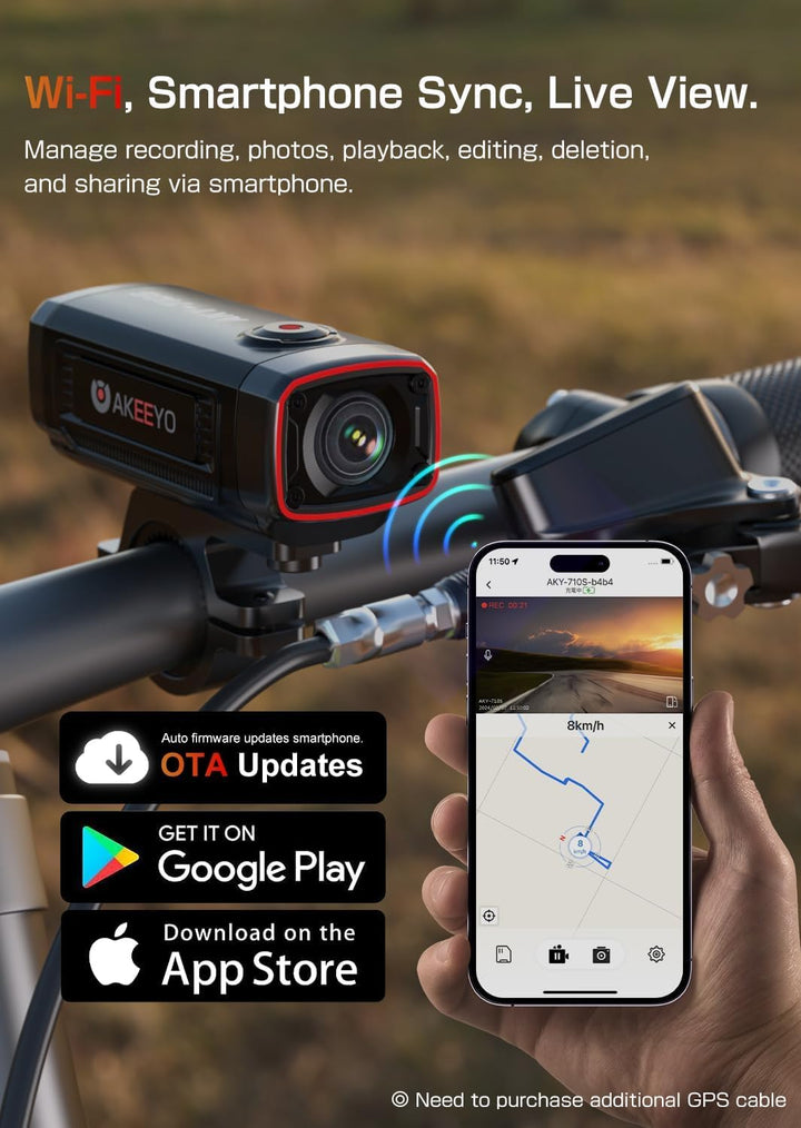 AKEEYO AKY-710S Motorrad-/Fahrradkamera 4K 28fps, 2K 55fps, Weitwinkel 142°, IP67, 5MP, Loop & Emerg