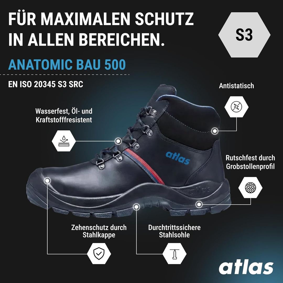 Atlas Anatomic Bau 500, Arbeitsschuh Klasse: EN ISO 20345:2011 S3, Schwarz, 49 EU