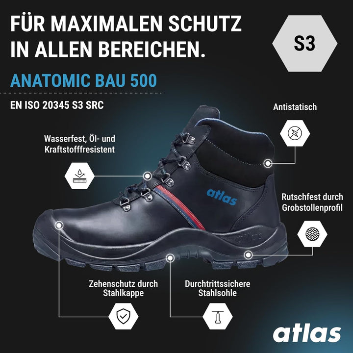 Atlas Anatomic Bau 500, Arbeitsschuh Klasse: EN ISO 20345:2011 S3, Schwarz, 49 EU