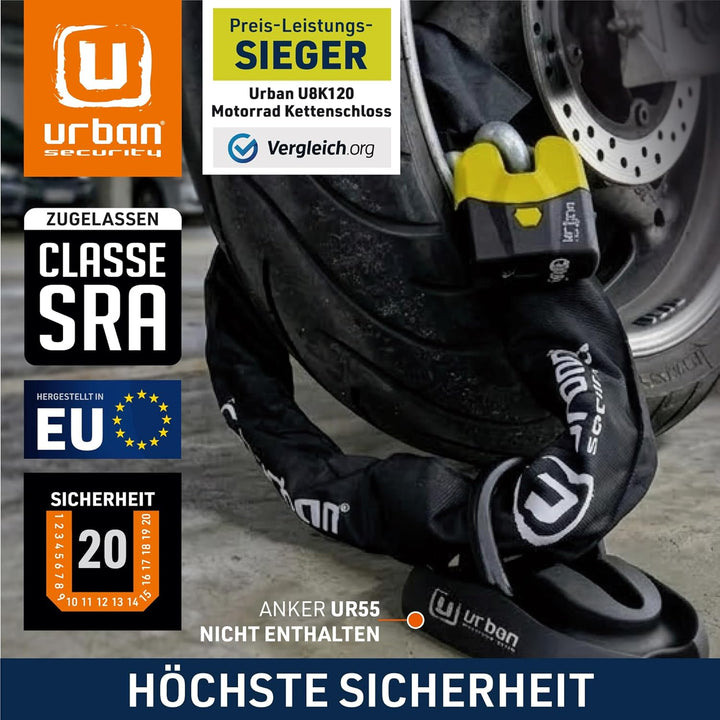 URBAN U8K120 Kettenschloss Motorrad Motorradschloss Vorhängeschloss und Kette, Sicherheit 20/20 mit