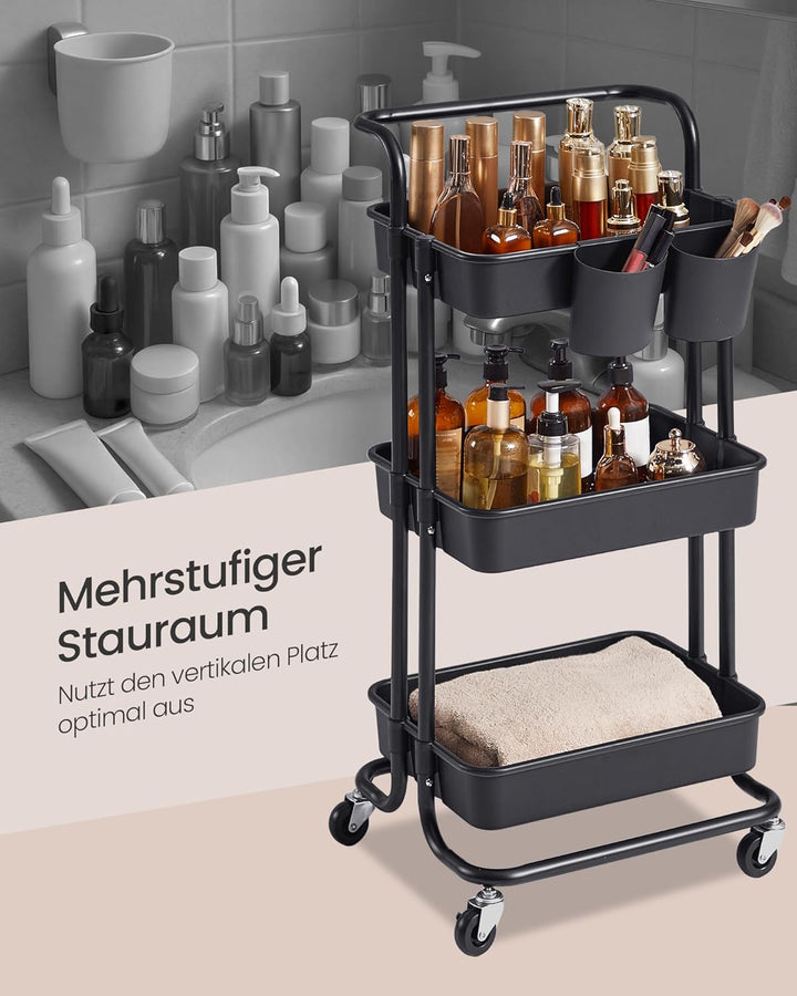 SONGMICS Rollwagen, 3 Ebenen, Servierwagen, Küchenwagen mit Griff, 2 kleine Einhängefächer, 2 Bremse