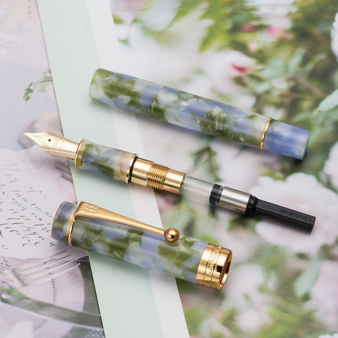 Lanxivi Jinhao Classic Füllfederhalter Blau Grün Zelluloid, feine Feder mit Konverter und Stiftetui-