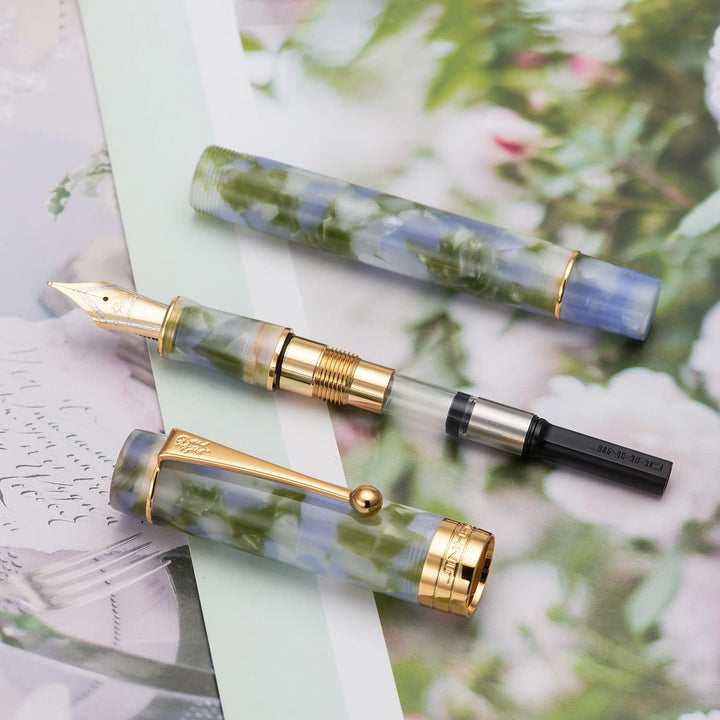Lanxivi Jinhao Classic Füllfederhalter Blau Grün Zelluloid, feine Feder mit Konverter und Stiftetui-