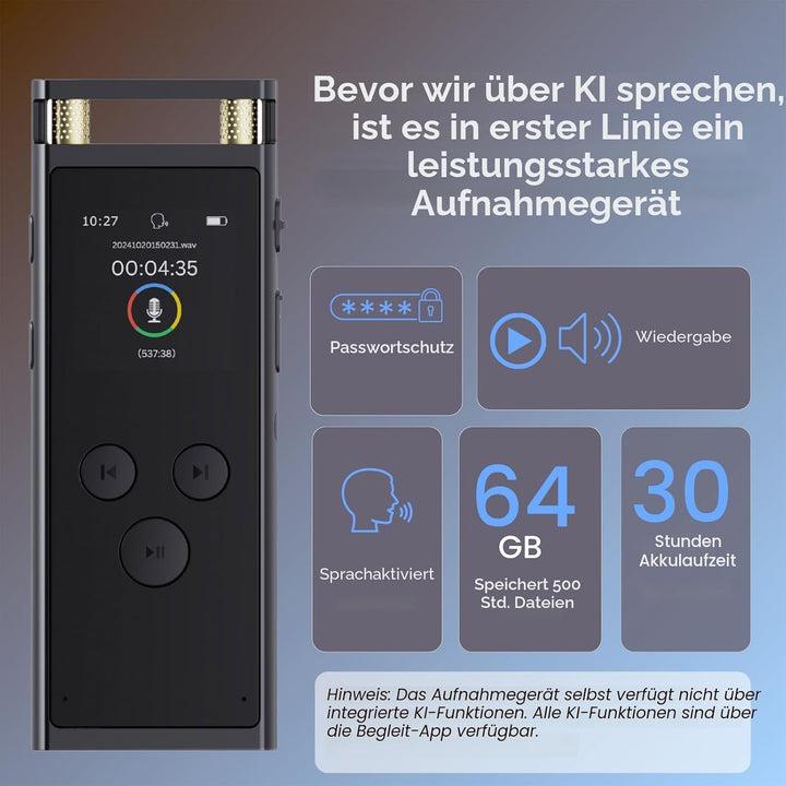 64GB KI Digitales Diktiergerät mit Playback - Aufnahmegerät mit ChatGPT 4o zum Transkribieren und Zu