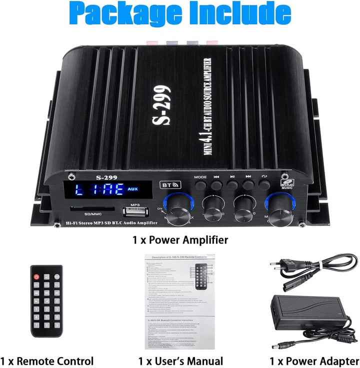 Etlephe 4.1 Kanal 1600W Mini Verstärker,Bluetooth 5.0 Verstärker 50Wx4 + aktiver Subwoofer, Hi-Fi In