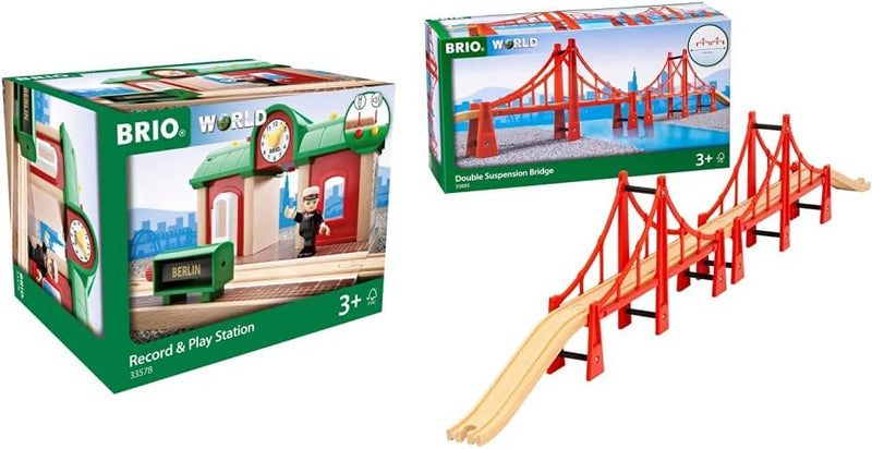 BRIO World 33578 Sprechender Bahnhof Eisenbahn Zubehör mit Aufnahmefunktion & World 33683 Hängebrück