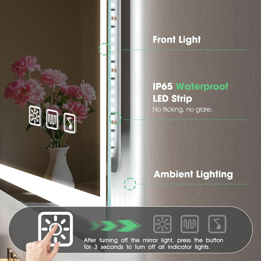 S'bagno Bluetooth-Badspiegel-mit-Beleuchtung-80x60cm, LED-Badezimmerspiegel mit Entfoggen, 3000K-650