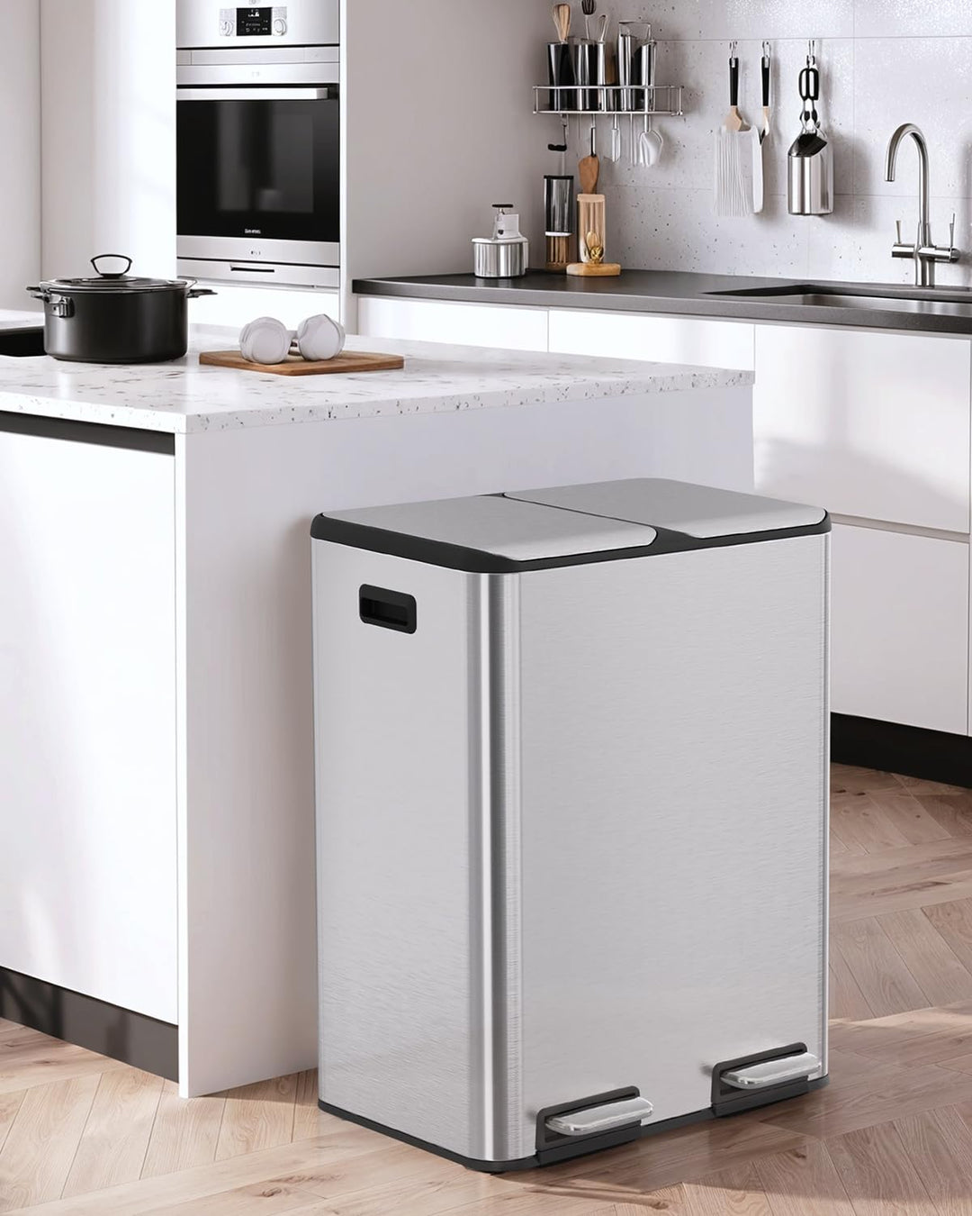 LIFERUN Mülleimer 2 Fächer, 2 x 30 Liter Treteimer mit Geruchsfilter, Deckel Geräuschlos, Inneneimer