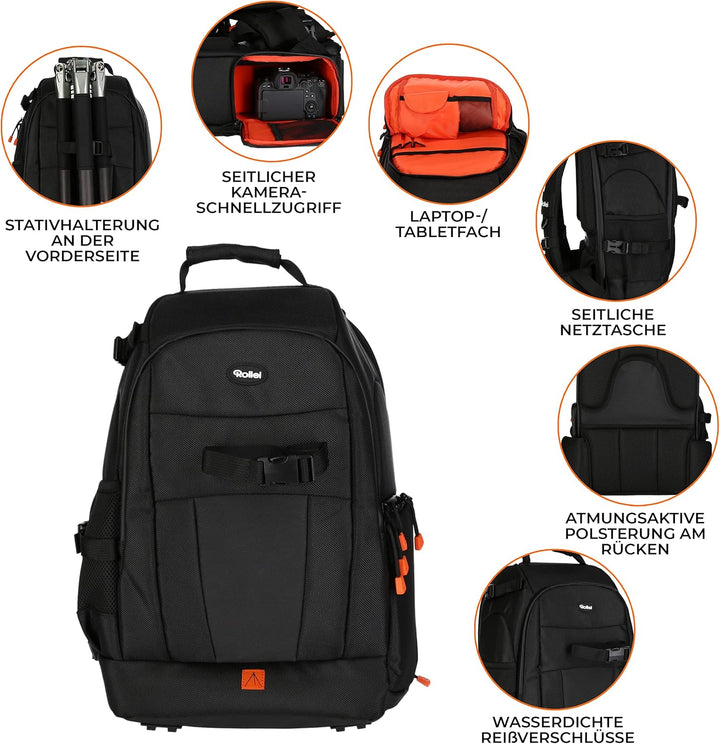 Rollei Fotoliner Ocean M: Kamerarucksack aus 43 recycleten PET-Flaschen, inkl. Regenschutz, Handgepä